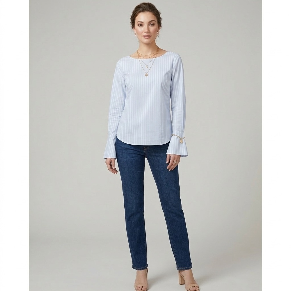 Frame Women's Light Blue Pinstripe Blouse Boat Neck Bell Cuff Top XS Cotton